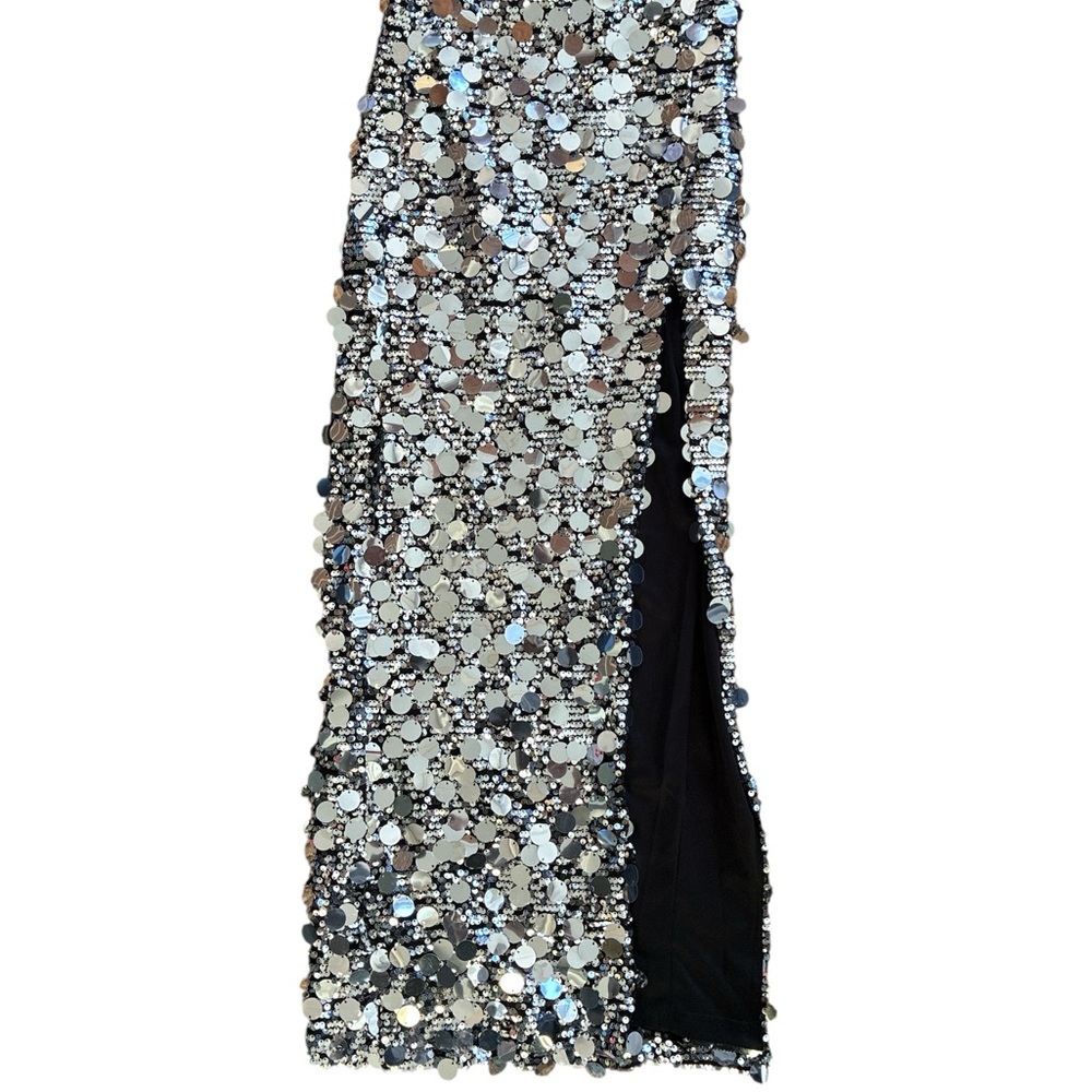 Lulus Silver Disc Sequin Side Slit Maxi Skirt - Size XS